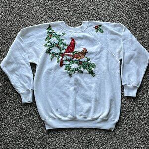 Vintage Hanes Sweater Womens XL White w/Cardinal & Christmas Tree 80s Winter